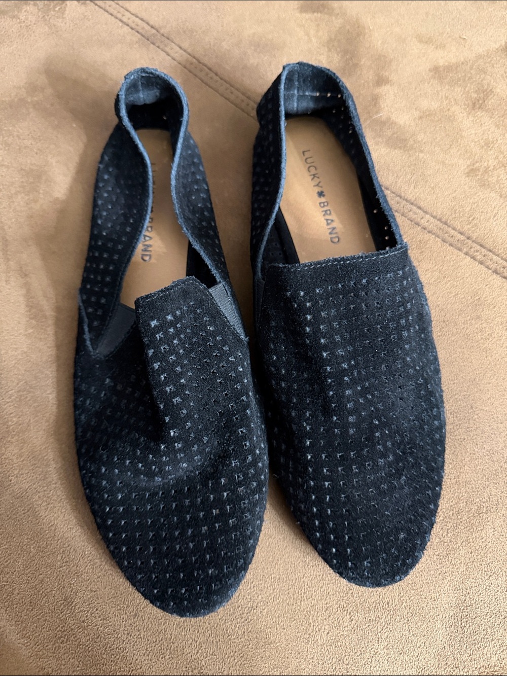 Lucky Brand Women's Black Suede Slip-On Loafers with Textured Dots